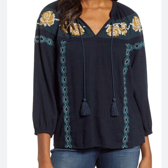 Lucky Brand navy peasant bohemian embroidered top size large - Picture 1 of 8